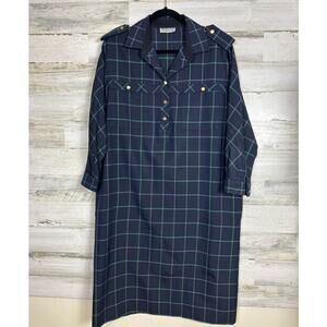 Vintage Burberry womens 14 blue green wool plaid midi dress lightweight long
